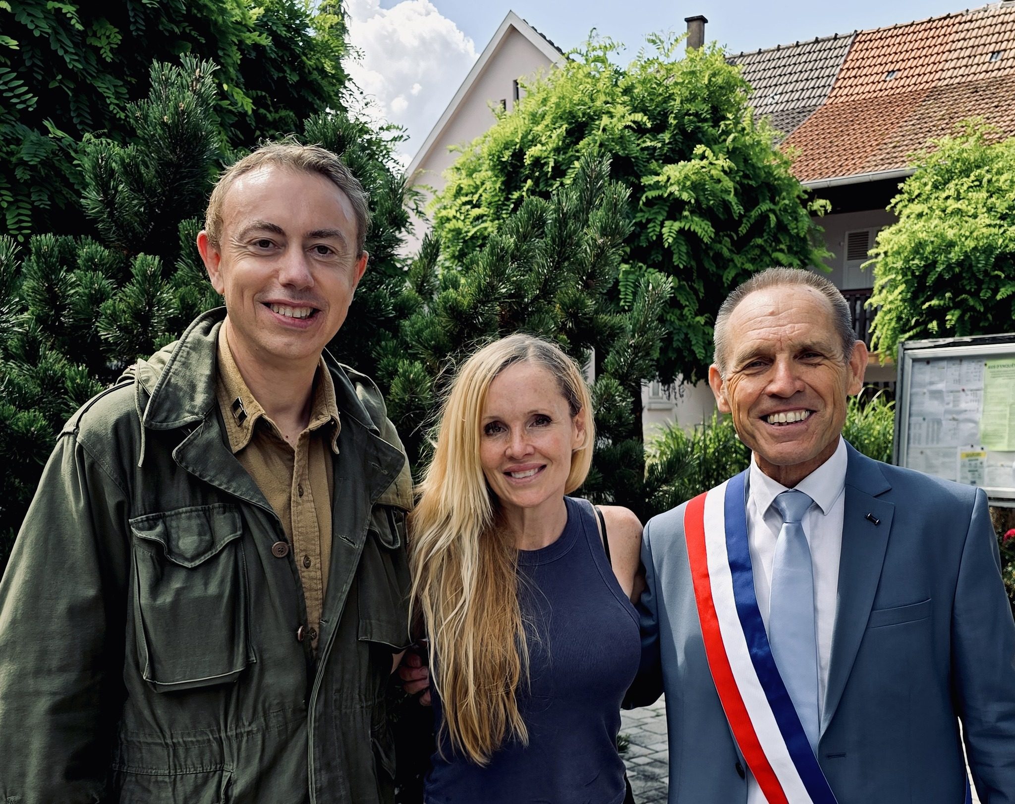 Historian Erin Faith Allen with local historian Materne Schaerlinger and Mayor Claude B&eacute;bon in Dauendorf, Alsace, on the 42nd Rainbow Division trail